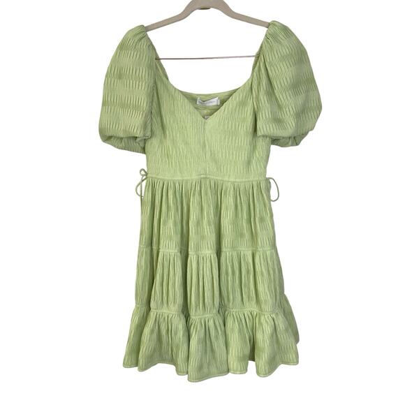 Jonathan Simkhai Cadence Plisse Dress Puff Sleeve Tiered Coastal Prairie Sz 2 - Picture 4 of 11